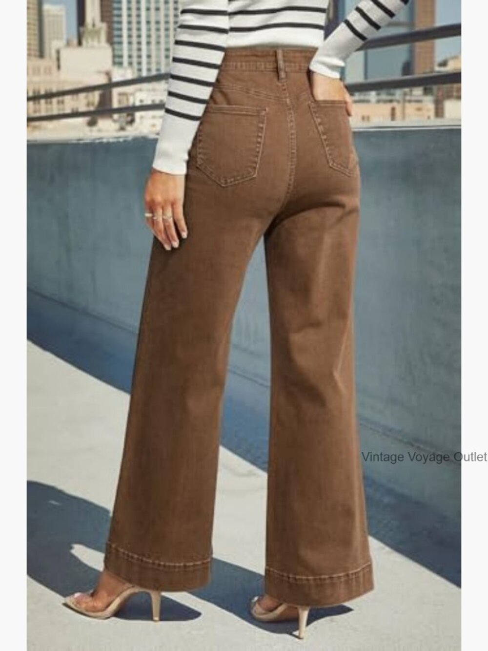 High Waisted Wide Leg Stretch Denim Pants with Pockets - Picture 5 of 7